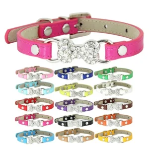 Luxury Fashionable Shining Bling Bone Shape Rhinestone PU Leather Pet Blank Collar Solid Pattern Small Dog Collar Buckle Lights