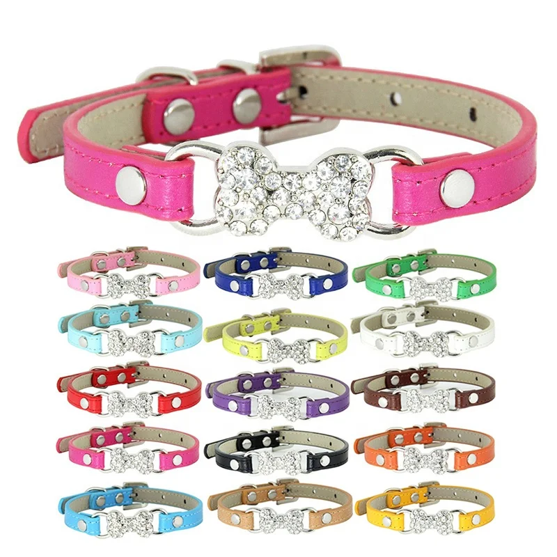 Luxury Fashionable Shining Bling Bone Shape Rhinestone PU Leather Pet Blank Collar Solid Pattern Small Dog Collar Buckle Lights