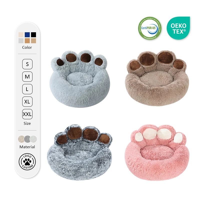 Luxury Faux Fur Pet Sofa Bear Paw Shape PP Cotton Filling Soft and Comfortable Washable Anti slip Plush Pet Dog Bed