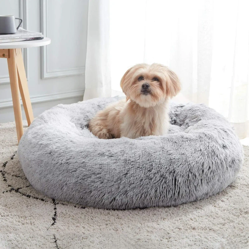 Luxury Fluffy Cushion Plush Soft Donut Dog Bed Accessories Washable Calming Sofa Camas Para Perros Large Custom Cat Dog Pet Bed