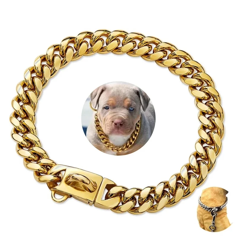 Luxury Gold Collares De Perros Pet Big Hip Hop Leads Chains Kit Dog Collars Choke Necklace Collar Leash Xl Bully Cuban Dog Chai
