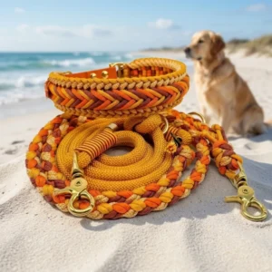 Luxury Handmade Braided Paracord Dog Collar and Leash Set Durable Rope Pet Collar with Heavy Duty Brass Buckle for Large Dogs