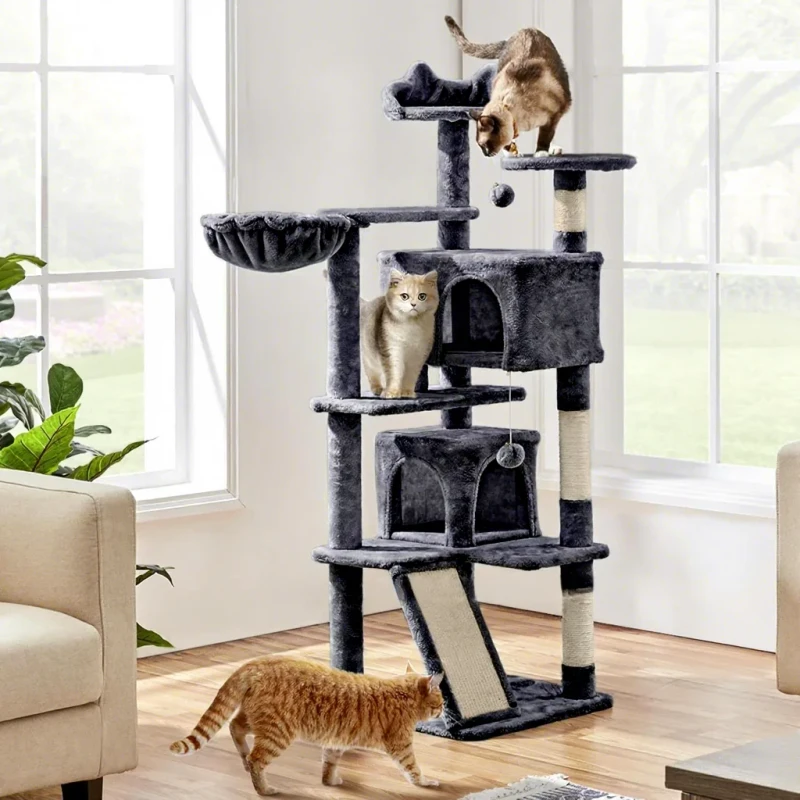 Luxury High Density Wood Cat Tree Tower Sturdy Modern Simple Indoor Climbing Scratcher for Multiple Cats Tool Free Assembly