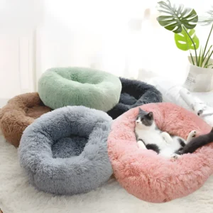 Luxury Large Custom Cat Dog Pet Bed Washable Soft Fluffy Cushion Solid Pattern Plush Donut Dog Bed Accessories Faux Fur Material