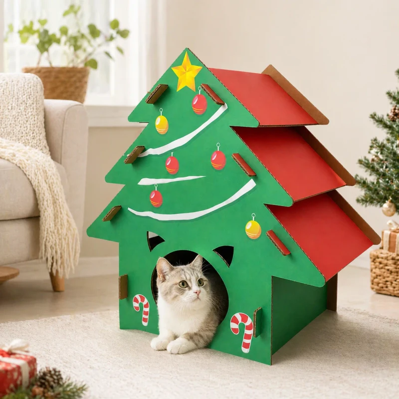 Luxury Large Modern Christmas Tree Cat Scratcher House Corrugated Cardboard Eco Friendly Carton Packed Detachable Design Durable