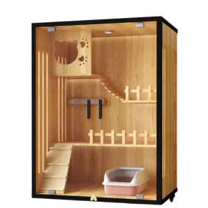 Luxury Large Solid Wood Pet House Modern Cat Cabinet with Panoramic Display Button Closure Multifunction Cat Furniture