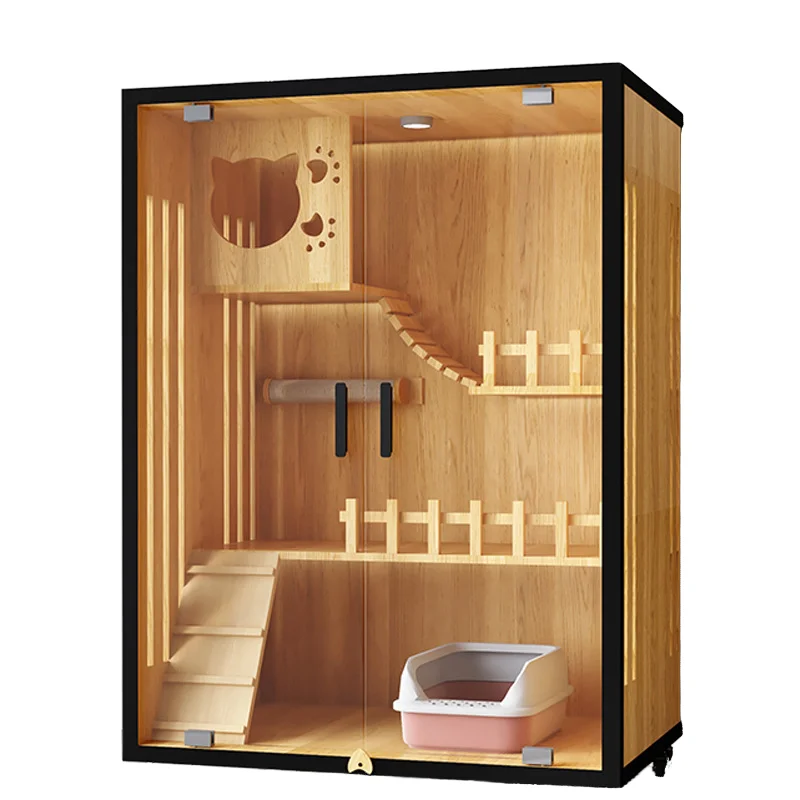 Luxury Large Solid Wood Pet House Modern Cat Cabinet with Panoramic Display Button Closure Multifunction Cat Furniture