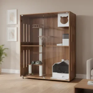 Luxury Large Space Wooden Indoor Pet Cat House Climbing Frame Tempered Glass Multi Functional Dust Proof Sustainable