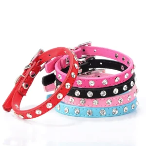 Luxury Modern Elegant Solid Pattern Rhinestone Studded Soft PU Dog Collar Adjustable for Small Pets