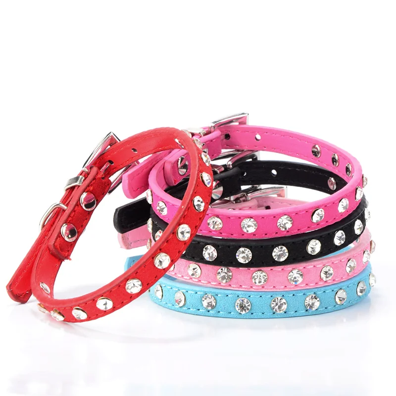 Luxury Modern Elegant Solid Pattern Rhinestone Studded Soft PU Dog Collar Adjustable for Small Pets