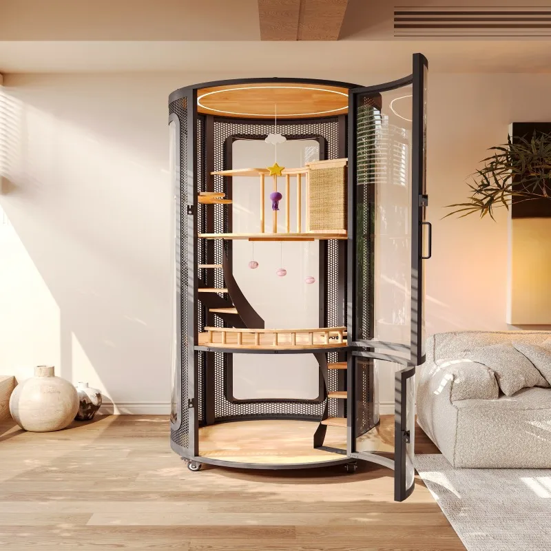 Luxury Modern Fashion Villa Pet House with Wood Carbon Steel Tempered Glass Solid Pattern for Large Cats All Seasons