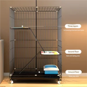 Luxury Modern Foldable Portable Three Story Solid Metal Cat Cage Classic Square Design Button Lockable Climbing Frame Kennel