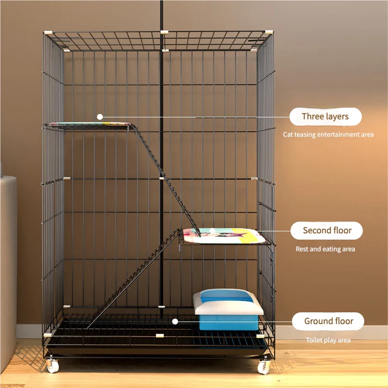 Luxury Modern Foldable Portable Three Story Solid Metal Cat Cage Classic Square Design Button Lockable Climbing Frame Kennel