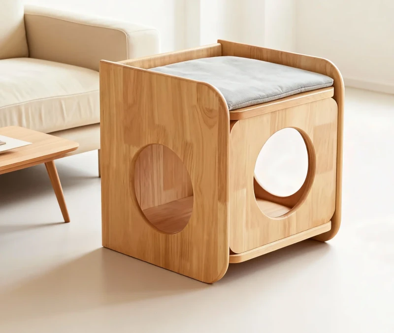 Luxury Modern Log Style All Solid Wood Cat House and Nest Bedside Table Multi functional Pet Furniture for Cats