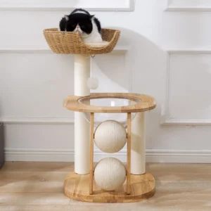 Luxury Modern Rattan Woven Cat Furniture Wood Cat House Condo Tower Climbing Scratcher Post Scratching Cat Tree