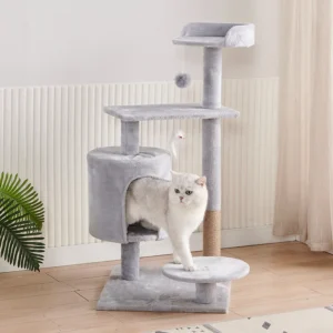 Luxury Modern Wooden Cat Tree House with Sisal Rope Scratch Tower, Folding Design for Multiple Cats