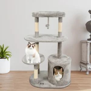 Luxury Multifunction Pet Scratch Tower Modern Wood Cat Climbing Tree Condo with Sisal and Wool Packed in Carton