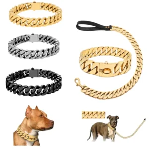 Luxury Outdoor Stainless Steel Rivet Dog Collar 32mm Solid Pattern Gold Quick Release Pet Cuban Metal Chain Studded Dog Collar