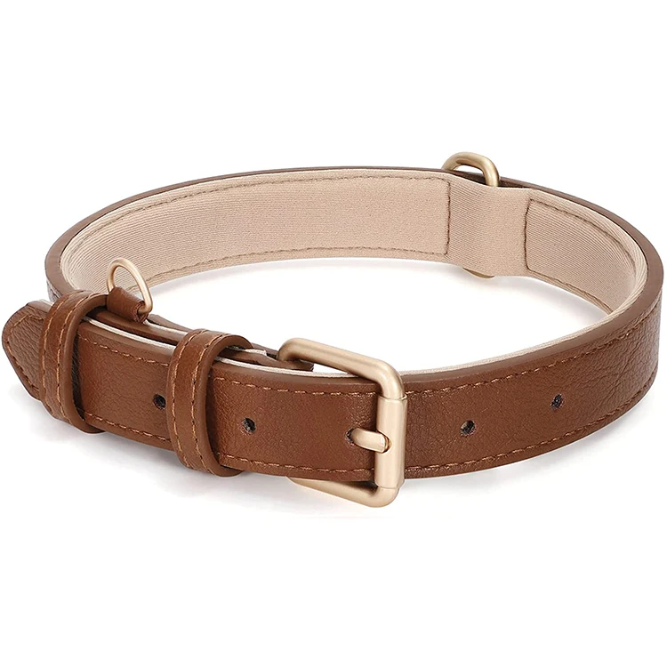 Luxury PU Leather Dog Collar Adjustable Soft Padded Waterproof Pet Collar with Metal Buckle D Ring Soft Lining