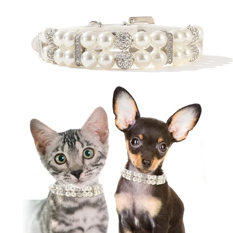 Luxury PU and Pearl Design Pet Collar for Small Dogs and Cats Adjustable Beaded Necklace