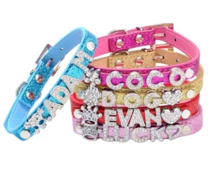 Luxury Pet Accessories Colorful Dog Collars with DIY Diamond Letter Glitter PU Leather Pet Collars