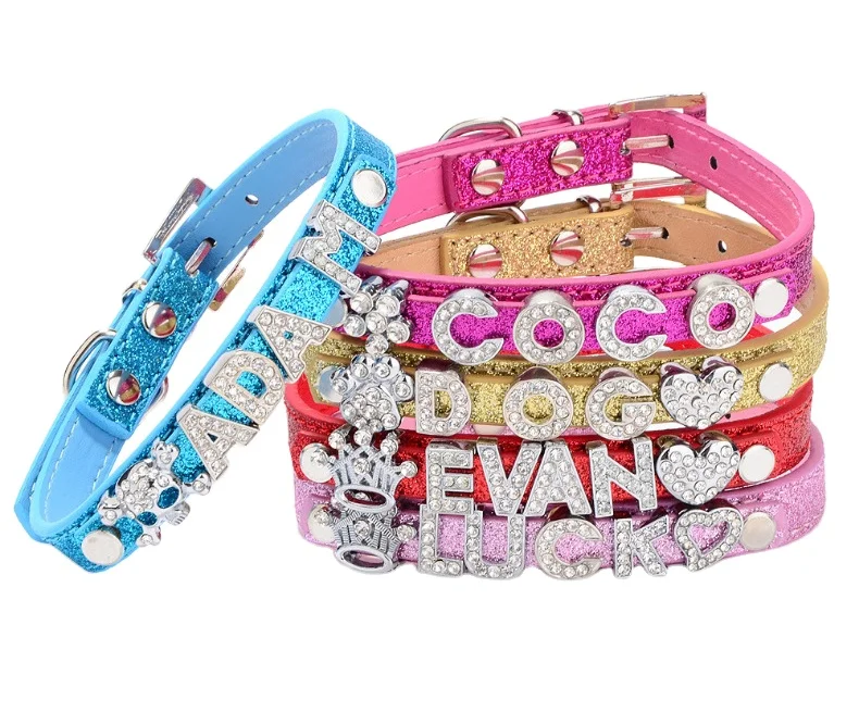 Luxury Pet Accessories Colorful Dog Collars with DIY Diamond Letter Glitter PU Leather Pet Collars