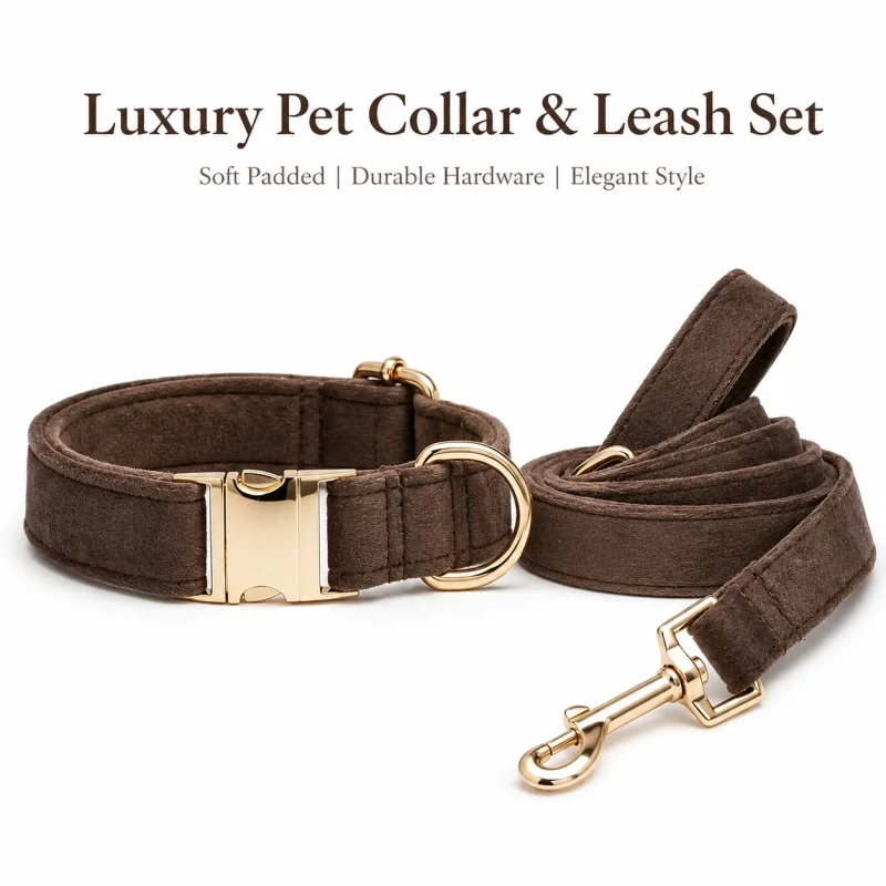 Luxury Polyester Dog Collar Leash Set Soft Padded Gold Hardware Multiple Solid Colors Bulk Pet Luxury Accessories