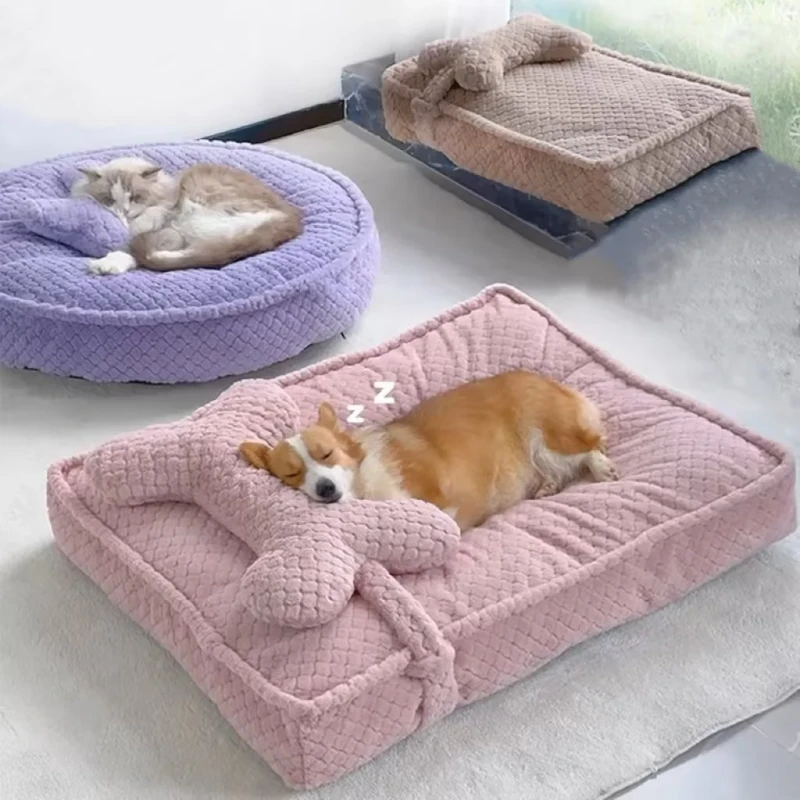 Luxury Removable Faux Fur Pet Bed Anti-Slip Bottom Warm All Seasons Solid Pattern Pillow Washable for Cats Dogs