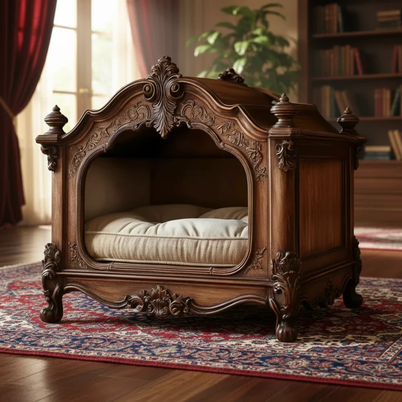 Luxury Rococo Style Carved Solid Wood Pet Bed Vintage Royal Dog House Cat Cave Furniture for Small Dogs