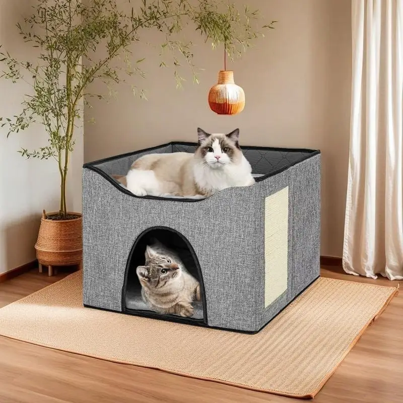 Luxury Solid Kennel Bed for Small Animals Foldable Double Cube Warm Soft Hideaway House Fashion Style for Kitten and Puppy