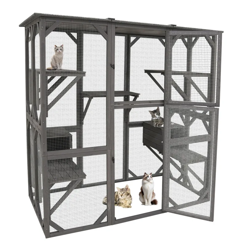 Luxury Solid Wood Double Story Indoor Waterproof Eco Friendly Pet Villa All Season Cat and Dog House with 5 Resting Platforms