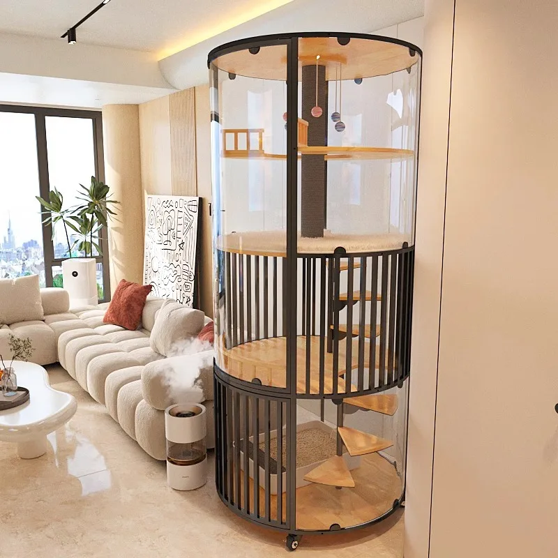 Luxury Solid Wooden Pet Furniture Cat House Castle Climbing Frame Cat Tower Transparent Villa Cage Large Indoor