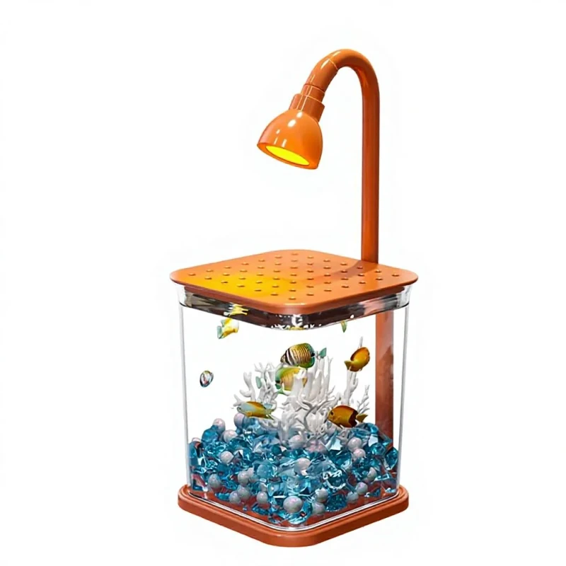 Luxury Square Plastic Ultra Clear Betta Tank 360 Rotate LED Light Desktop Aquarium with Lid