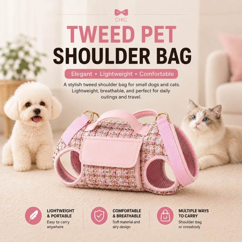 Luxury Tweed Pet Sling Carrier Dog Crossbody Bag Adjustable Padded Strap Hands Free Travel Bag for Small Dogs Cats