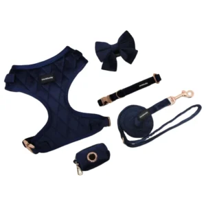 Luxury Velvet Dog Harness Collar Leash Set Adjustable Pet Vest Rose Gold Hardware for Small Medium Large Dogs Walking