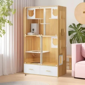 Luxury Wood 2-Layer Cat Villa Rectangular Cat Cabinet & Cage with Waterproof Nest Indoor Big Cat House Breeding