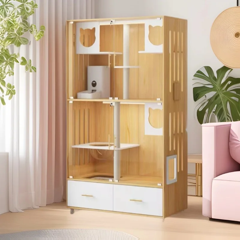 Luxury Wood 2-Layer Cat Villa Rectangular Cat Cabinet & Cage with Waterproof Nest Indoor Big Cat House Breeding