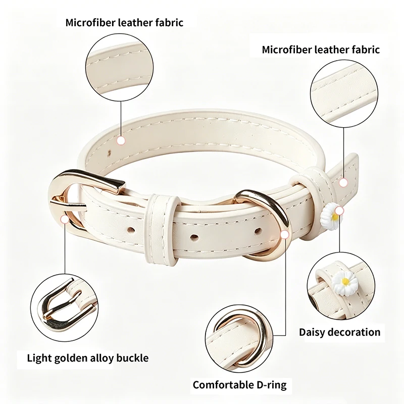 Macaron Color Dog Collar Cute Daisy PU Leather Pet Collar for Puppies Customizable Options