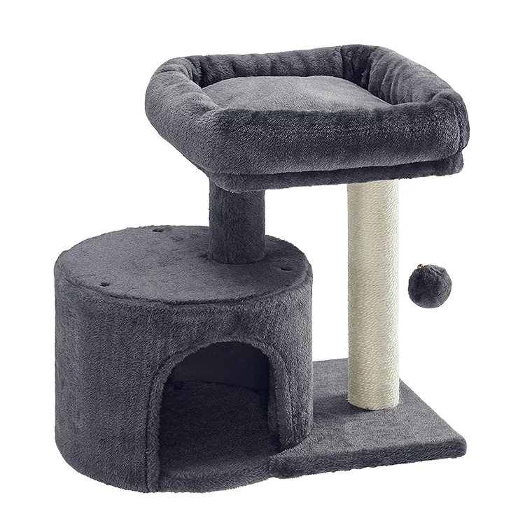 Manufacturer Custom Grey Plush Sisal 2-Level Eco Friendly Indoor Modern Cat Tree Tower Scratcher Creative Carton