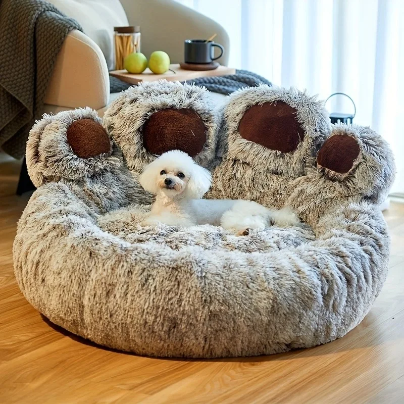Manufacturer Custom Logo Pet Nest Bed Non slip Plush Bear Paw Footprint Shape Modern Solid Design for Dogs and Cats