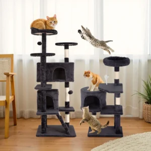 Manufacturer Custom Luxury Modern Large Black Plush Wood Eco friendly Sisal Cat Tree Tower Scratcher Carton