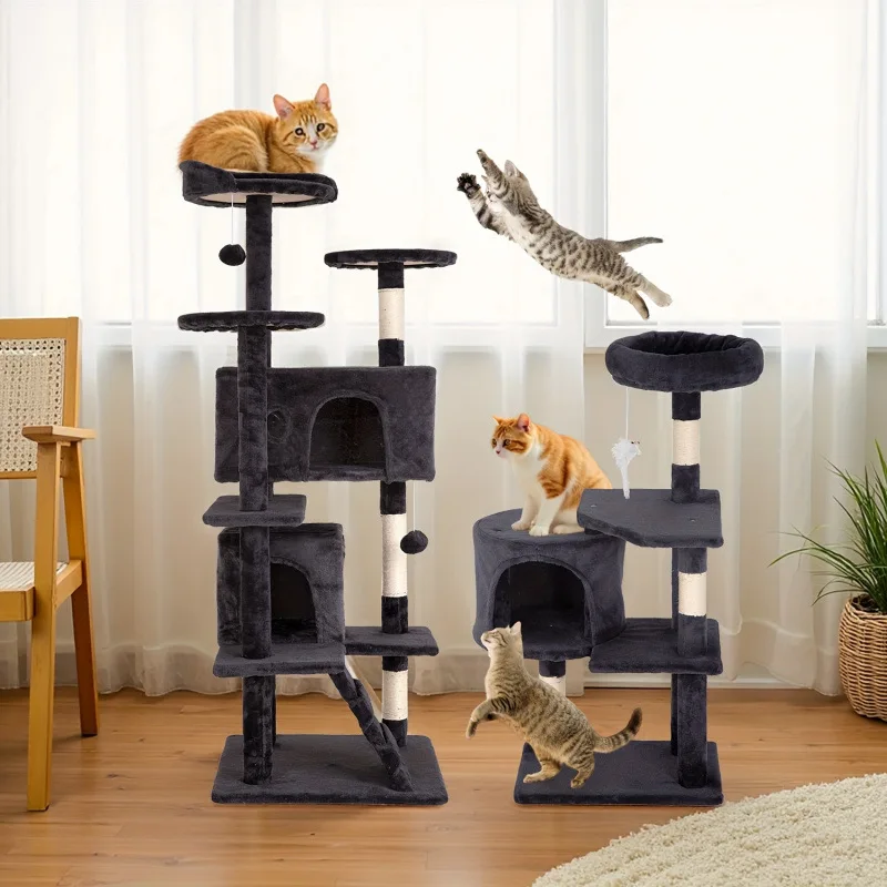 Manufacturer Custom Luxury Modern Large Black Plush Wood Eco friendly Sisal Cat Tree Tower Scratcher Carton