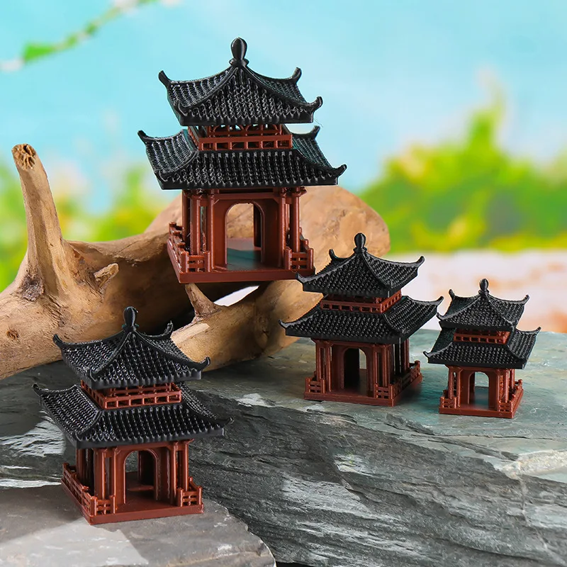 Manufacturer Direct Mini Chinese Pavilion Bonsai Rockery Paludarium Fish Tank Aquarium Decoration Ancient Architecture