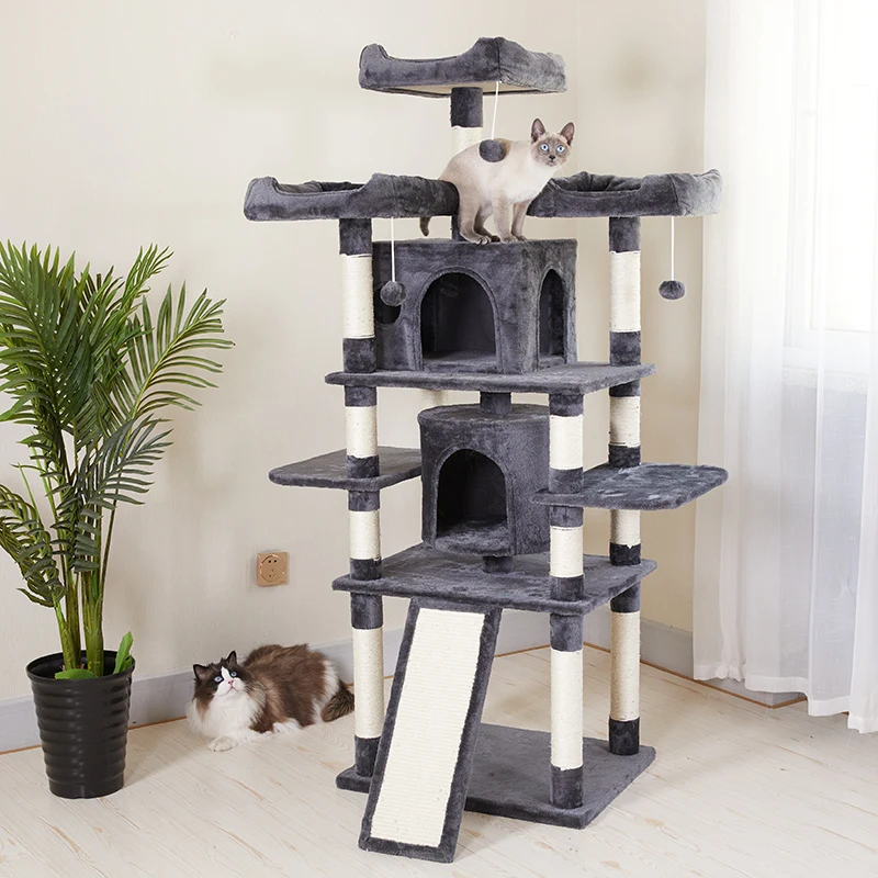 Manufacturer Grey Large Multi-Level Cat Trees & Scratcher With Hammock Luxury Wooden Scratcher Tower Cat Tree House