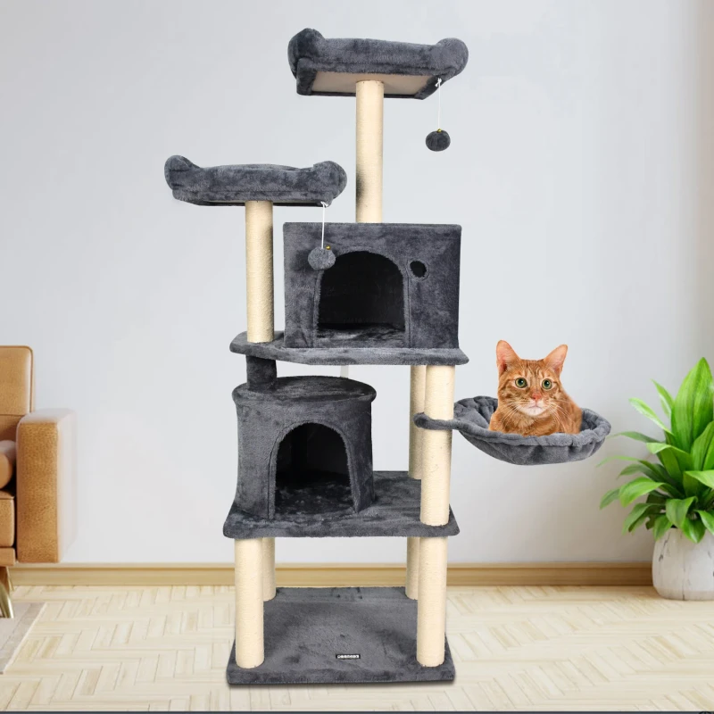 Manufacturer Modern Sisal Wood Black Short Plush Eco Friendly Scratcher Cat Tree Tower with Ladder Carton