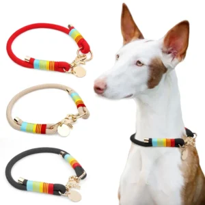 Manufacturer OEM ODM Customized Luxury Durable Nylon Dog Collar Ribbons Solid Pattern Daily Training P Chain Pet Collar