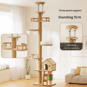 Manufacturer Pet Wooden Sisal Scratcher Cat Climbing Tree with Ceiling Scratching Post Cat House Tower Tree