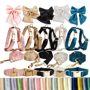 Manufacturer Satin Luxury Pet Harness Set Customized Logo Anti-Pull Dog Collar Leash Bow Tie and H-Shaped Harness
