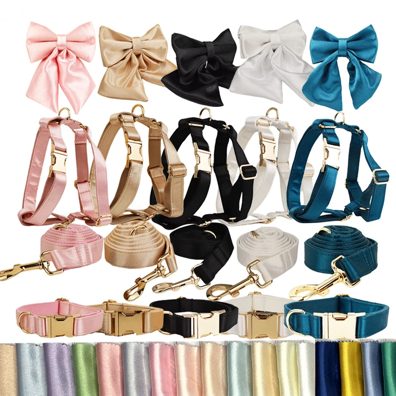 Manufacturer Satin Luxury Pet Harness Set Customized Logo Anti-Pull Dog Collar Leash Bow Tie and H-Shaped Harness