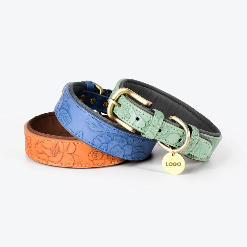Medium Pet Dog Collar Durable Simple Style Print Neckband with Rivet Decoration Soft Leather Dog Harness